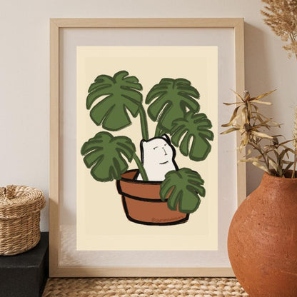 Monstera Cat Art Print