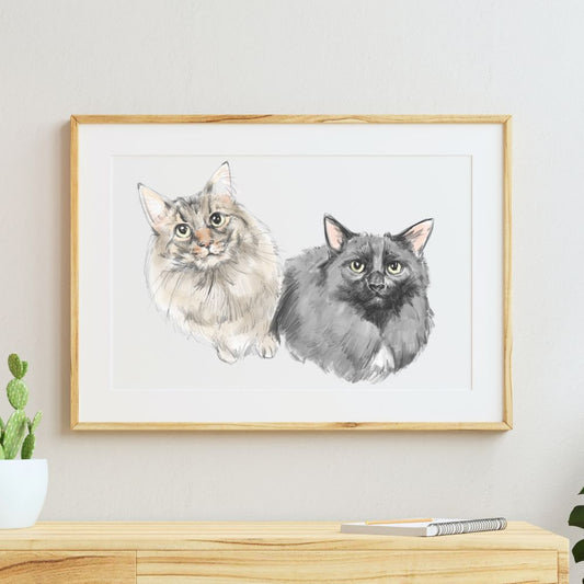 Two Pet Color Sketch Custom Pet Portrait