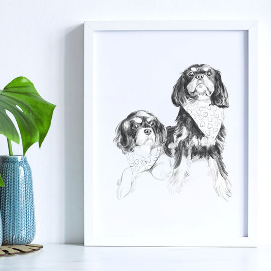 Two Pet Monochrome Sketch Custom Pet Portrait